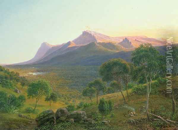 Aborigines by a Fire before Mount William as seen from Mount Dryden in the Grampians Victoria Oil Painting - Eugene von Guerard