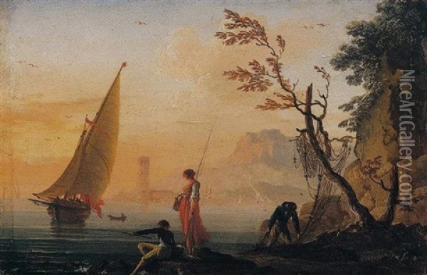 A Coastal Landscape At Sunset With Fisherfolk In The Foreground Oil Painting - Charles Francois Lacroix