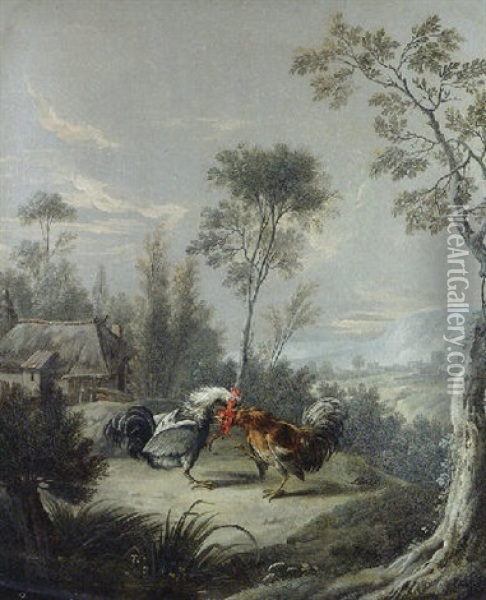 Two Cockerels Fighting In A Landscape Oil Painting - Jean-Baptiste Oudry