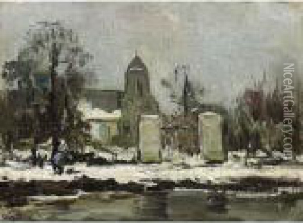 A Winter Landscape With A Figure Walking Along A Canal Oil Painting - Louis Apol