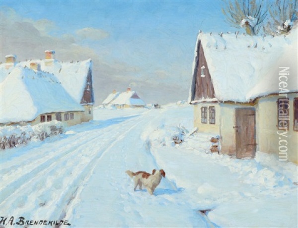 Winter Landscape With A Dog, Scenery From Brendekilde Oil Painting - Hans Andersen Brendekilde