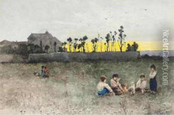 Children At Play Oil Painting - Vasili Aleksandrovich Kotarbinskii