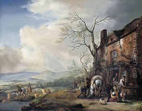 Landscape with Peasants by a Cottage 1651-53 Oil Painting - Philips Wouwerman