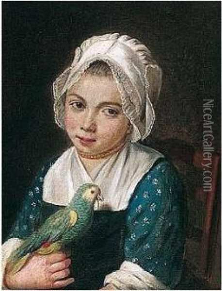 A Young Girl Holding A Green Parrot Oil Painting - Antoine Raspal