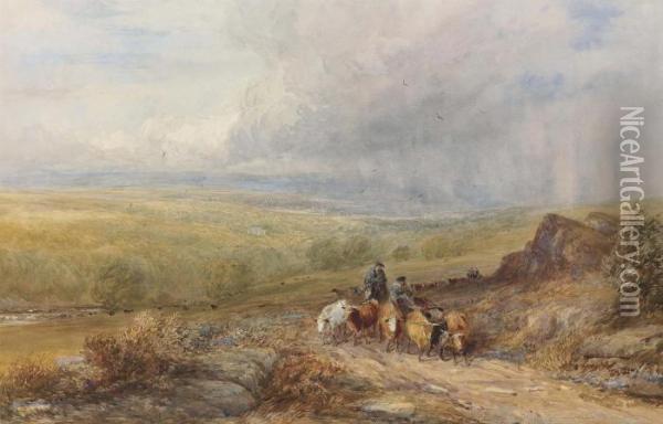 Drovers Near Barden Castle On The Wharfe, Yorkshire Oil Painting - David I Cox