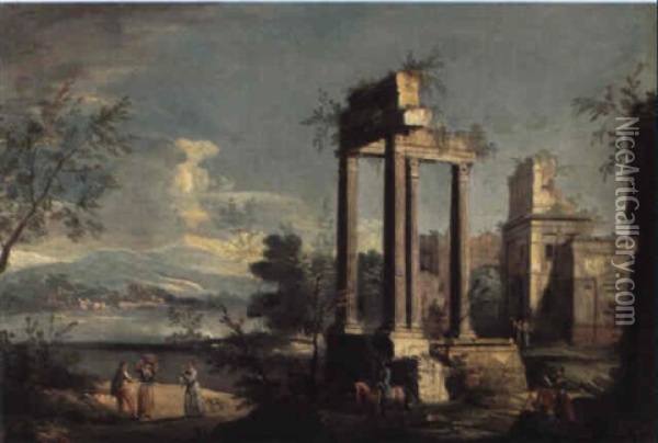 Classical Ruins By A Lake With A Gentleman On Horseback And Peasants Oil Painting - Giovanni Battista Cimaroli
