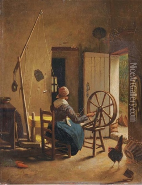 At The Spinning Wheel Oil Painting - Theodore Frederic de Salmon