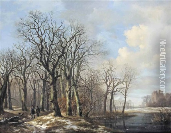 A Winter Landscape With Hunters On A Path Along A Stream Oil Painting - Hendrik van de Sande Bakhuyzen