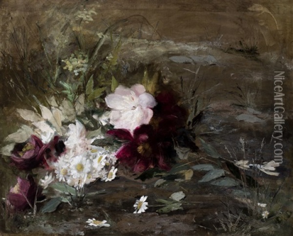 Wild Flowers: Searoses And Daisies Along A Riverbank Oil Painting - Gerardina Jacoba van de Sande Bakhuyzen