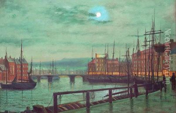 Whitby Harbour By Moonlight Oil Painting - John Atkinson Grimshaw
