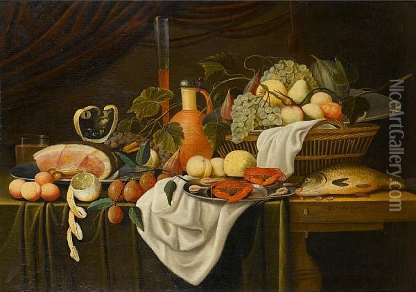 A Ham On A Pewter Dish With A Peeled Lemon And A Basket Of Figs, Grapes, Peaches And Pears Together With A Glass Of Wine On A Draped Table-top Oil Painting - Guillam Dandoy