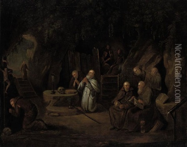 Hermit Monks In A Grotto Oil Painting - Egbert van Heemskerck the Elder