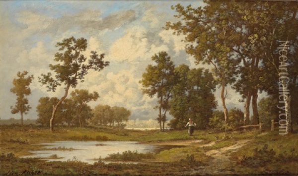 Woman Gathering Brushwood By The Pond Oil Painting - Leon Richet