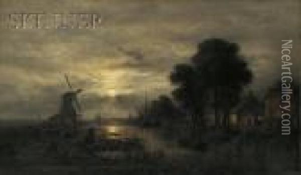 Nocturne With Windmill Oil Painting - Wilhelm Ferdinand Xylander
