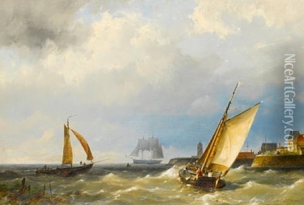 A Fishing Vessel Putting Out To Sea From A Harbor, In Choppy Waters Oil Painting - Hermanus Willem Koekkoek