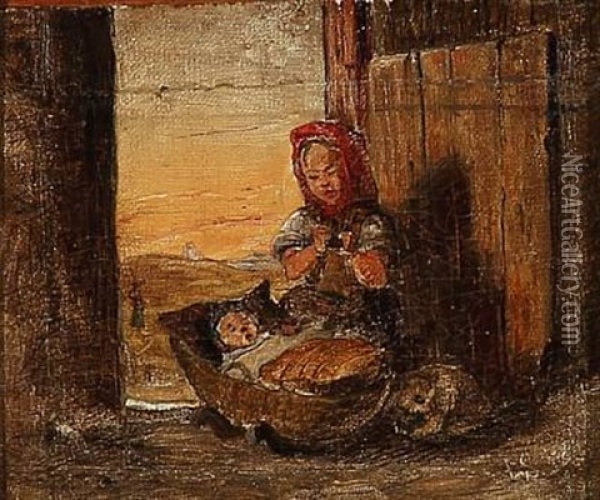 Huslig Scene I En Dor Oil Painting - Ludvig Abelin Schou