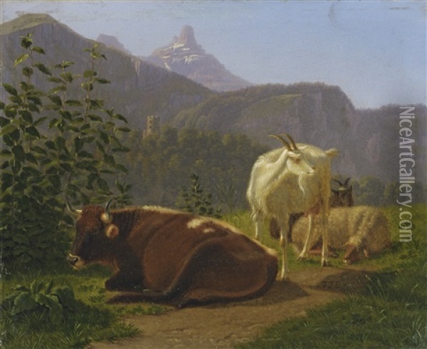 Tiere Vor Berglandschaft Oil Painting - Johann Jakob Biedermann