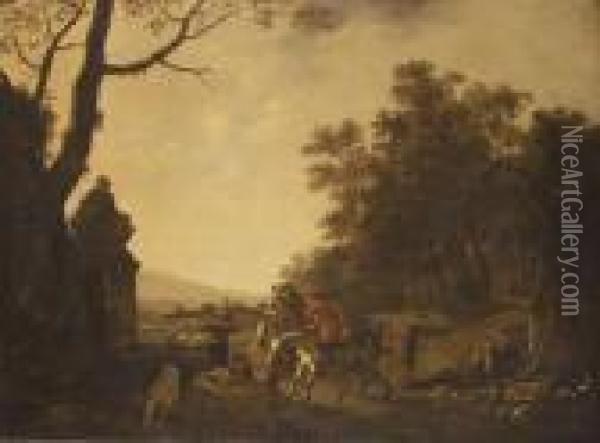 Hunting Party Resting Beside A Fountain In A Wooded Landscape Oil Painting - Ludolf de Jongh