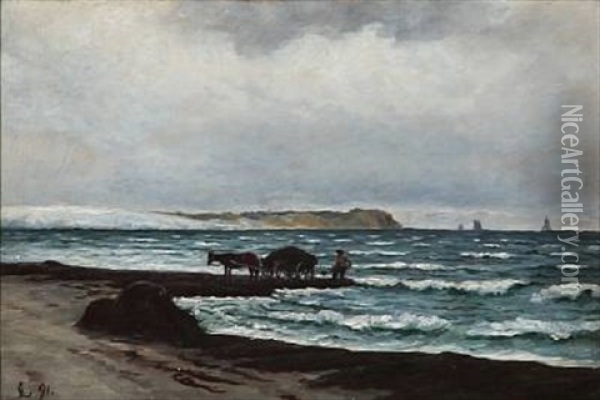 Beach Scene With A Seaweed Collector Oil Painting - Carl Ludvig Thilson Locher