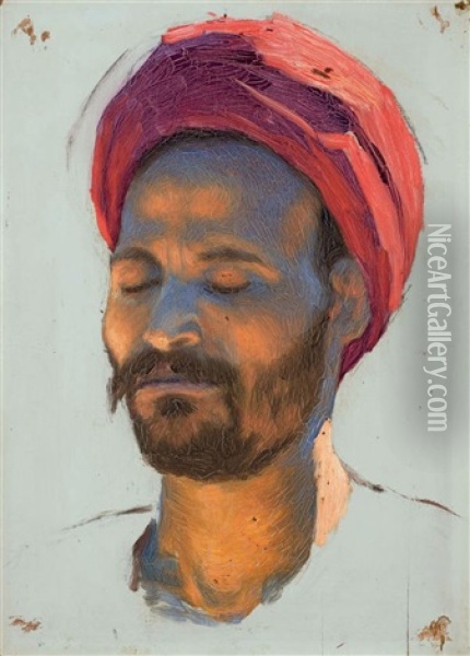 Portrait D'homme Au Turban Rouge Oil Painting - Ludwig Deutsch