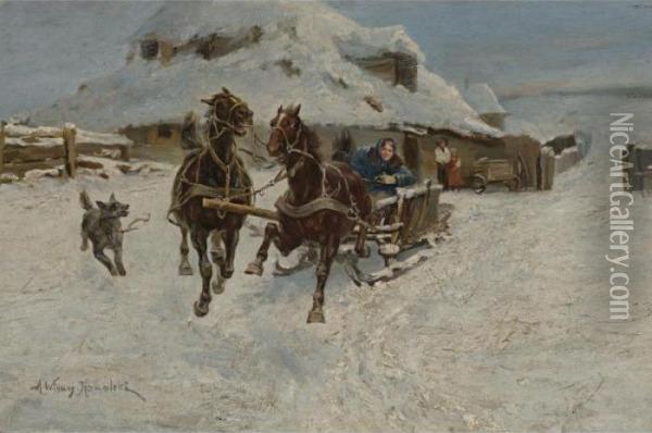Troika Ride Oil Painting - Alfred Wierusz-Kowalski