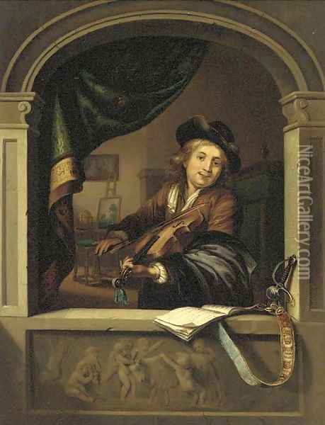 A violin player at a casement Oil Painting - Gerrit Dou
