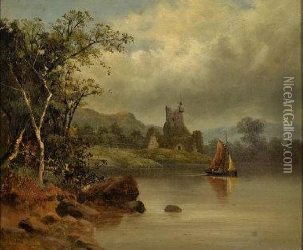 A Landscape With A Castle And Lake Oil Painting - Valentine, Val Delawarr