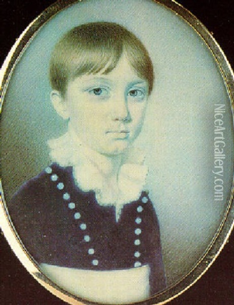 Portrait Of A Young Boy Wearing Blue Jacket With White Buttons And Cummerbund And White Falling Collar Oil Painting - Thomas Richmond