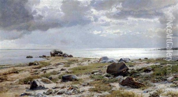 Strandparti Med Skyer Og Store Sten Oil Painting - Janus la Cour