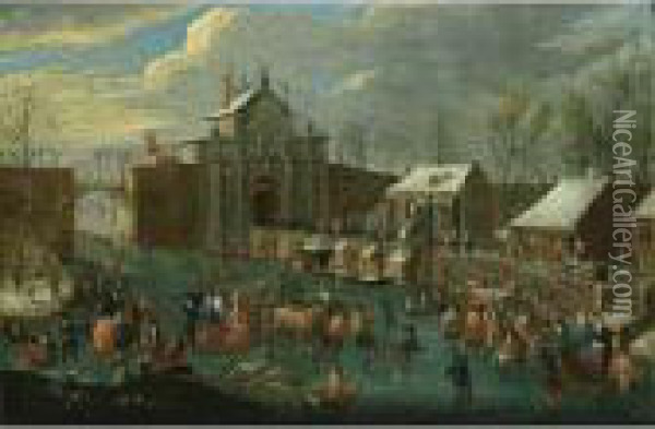 A Winter Scene With Elegant 
Figures Skating And A Horse-drawn Sleigh On A Frozen Canal Outside A 
City Gate Oil Painting - Jan Pieter Van Bredael I