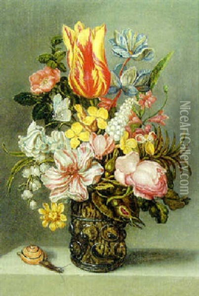 Parrot Tulips, A Dog Rose, A Peonie And Other Flowers In A Roemer On A Stone Ledge With A Butterfly And A Snail Oil Painting - Ambrosius Bosschaert the Elder