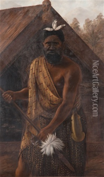 Portrait Of Maori Chief (likely To Be Te Kooti) With Taiaha Oil Painting - William George Baker
