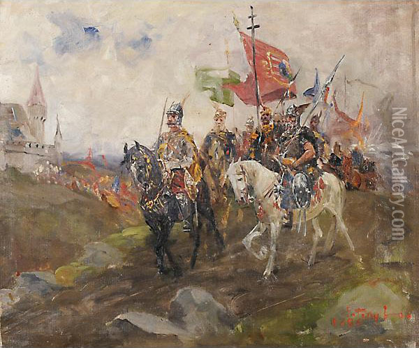 L'arrivo Dei Soldati Oil Painting - Laszlo Pataky Von Sospatak