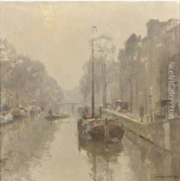 Early Morning: Boats In A Canal, Amsterdam Oil Painting - Cornelis Vreedenburgh