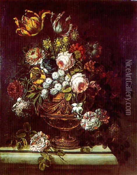 Bouquet De Fleurs Dans Un Vase A Piedouche Et Mascaron Oil Painting - Pierre Nicolas Huilliot