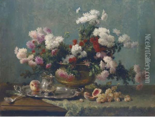 Chrysanthemums In A Brass Urn, And A Silver Tray And Jug On Adraped Table Oil Painting - Eugene Petit