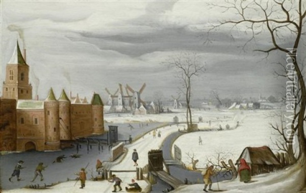 Winterlandschaft Mit Schlittschuhlaufern Auf Einem Zugefrorenen Burggraben Vor Einem Schloss Oil Painting - Abel Grimmer