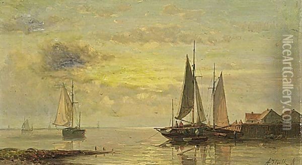Shipping In Calm Waters Oil Painting - Abraham Hulk Snr