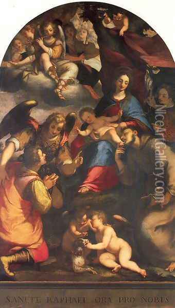 Madonna and Child with Saints and the Archangel Raphael Oil Painting - Giovanni Battista Paggi