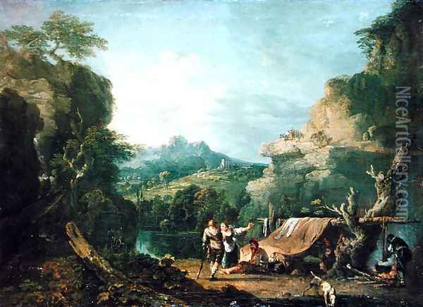Landscape with Banditti Round a Tent, 1752 Oil Painting - Richard Wilson