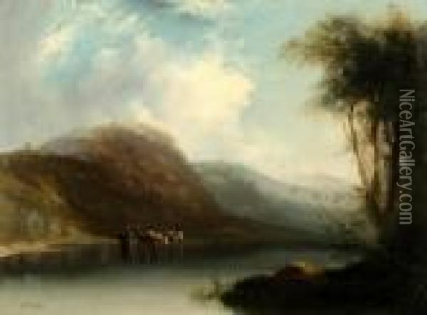 Figures And Cattle In A Loch Oil Painting - Horatio McCulloch