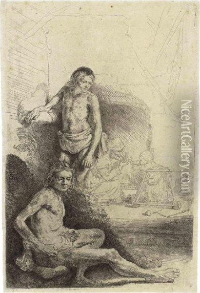 A Nude Man Seated And Another Standing Oil Painting - Rembrandt Van Rijn