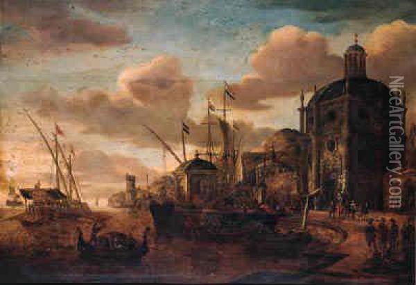 A Capriccio Of A Mediterranean 
Harbour With Moored Vessels By Aquay, A Galley At Anchor Beyond Oil Painting - Jacobus Storck