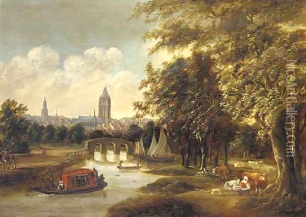 A view of Delft from the north with the Leiden ferry Oil Painting - Willem Van Dalen