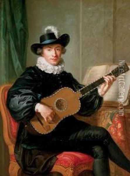 Portrait Of Monsieur Aublet, Three-quarter-length, Seated, In A Black Fancy Costume And Playing A Five-course Guitar, A Sheet Of Music On A Table Beside Him Oil Painting - Guillaume Voiriot