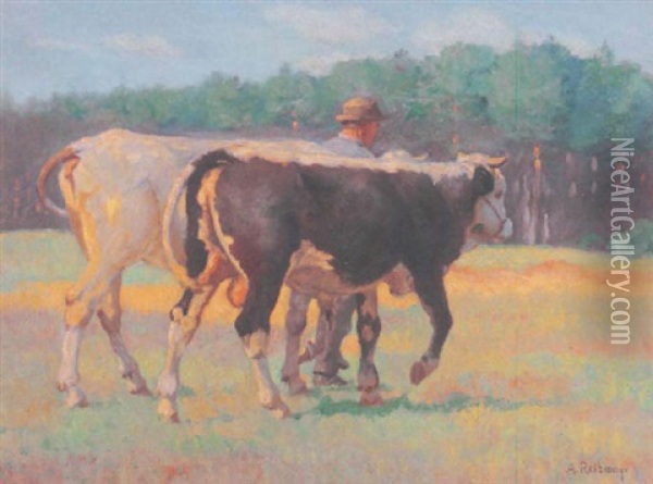Bauer Fuhrt Kuh Und Stier Oil Painting - Albert Reibmayer