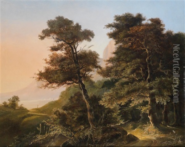 Large Romantic Landscape Oil Painting - Edouard De Vigne