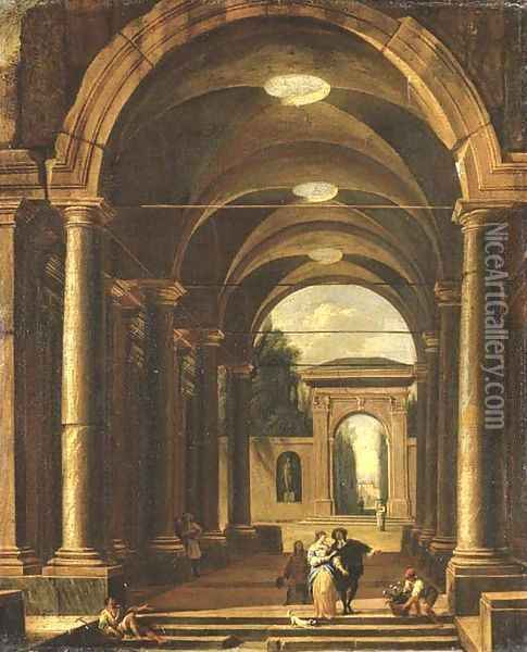 A portico leading to a garden with an elegant couple promenading Oil Painting - Viviano Codazzi