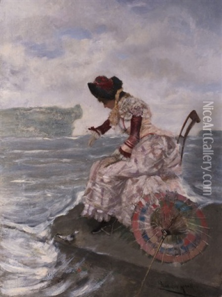 Dame Im Seidenkleid Mit Schirm Am Meer Oil Painting - Francisco Miralles y Galup