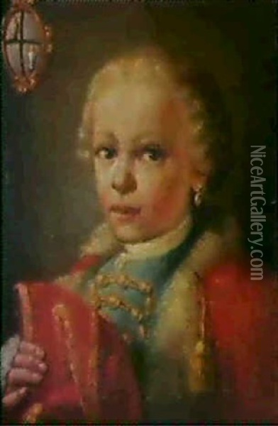 A Portrait Of A Young Boy, Bust Length, Wearing A Fur       Trimmed Red Cape And Blue Jacket.... Oil Painting - Jacopo Amigoni